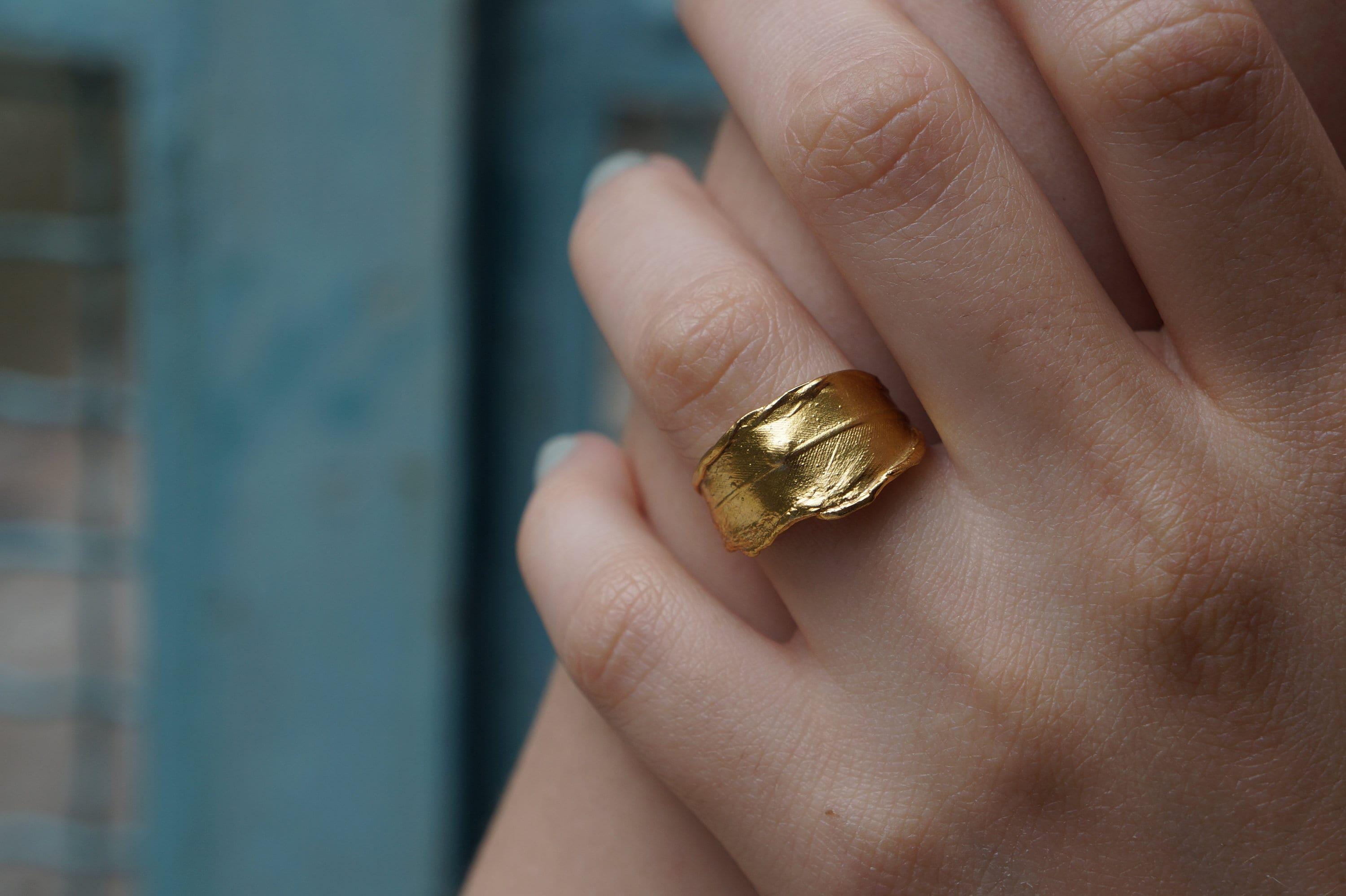 Gold Feather Ring, Gold-Plated Brass Jewelry, Dove Feather Band, Gift for Her, Birthday Gift for Women, Handmade Jewelry-0