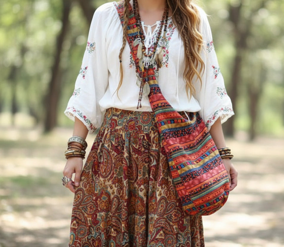 Person holding a colorful bag with a blurred background