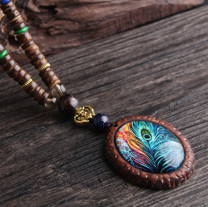 Peacock Feather Pendant, Bohemian Sweater Necklace