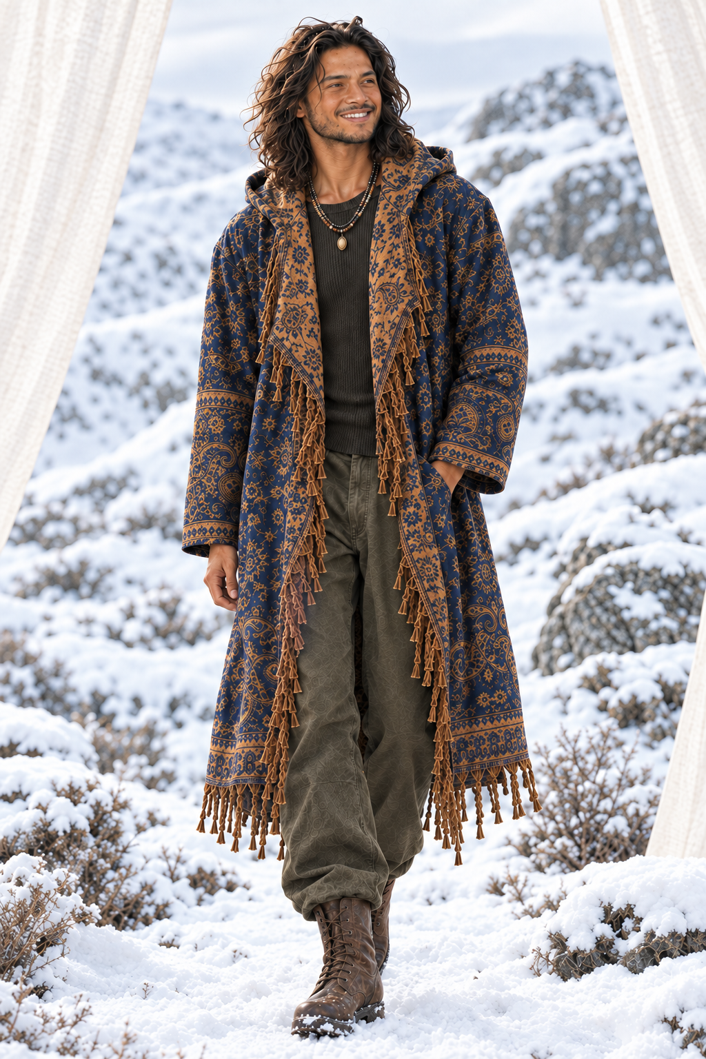 Male model in navy and gold Kia cloak with refined stubble
