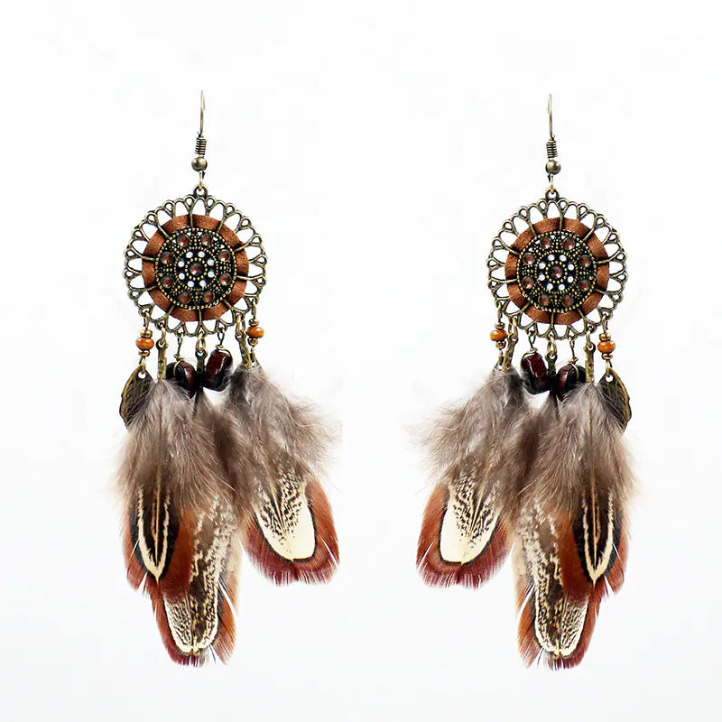 Bohemian Dreamcatcher Feather Earrings with Sunflower