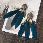 Bohemian Long Dreamcatcher Leaf Feather Earrings