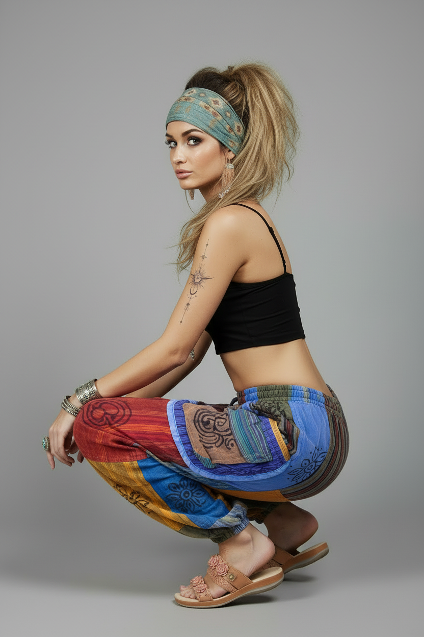 Patchwork Pants - Crouching Pose