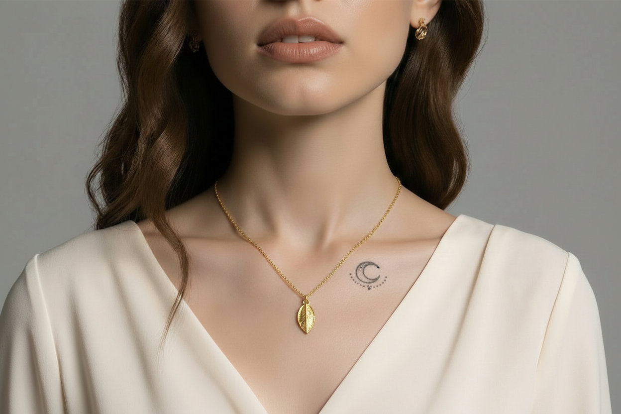 Rose Leaf Necklace: Minimalist Design - 14K Gold Plated Brass