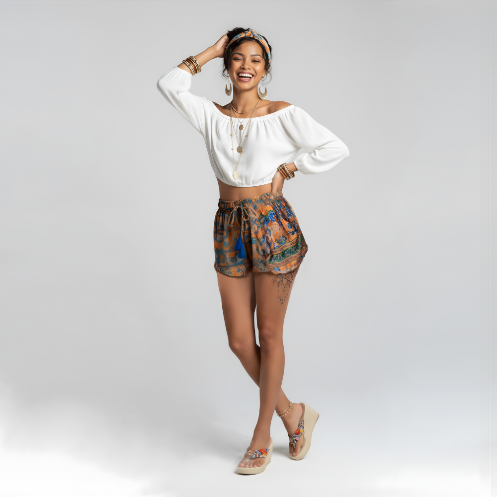 Sunset Azure Silk Tassel Shorts