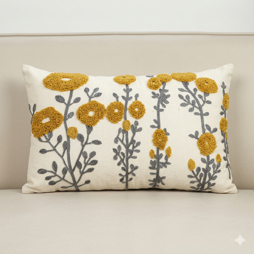 Bohemian Floral Embroidered Cotton Pillow Cover