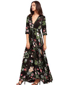 Button Floral Bohemian Maxi Beach Dresses