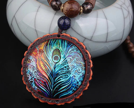 Peacock Feather Pendant, Bohemian Sweater Necklace