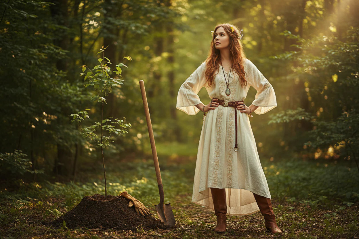 Woman in a white dress standing in a forest with a shovel and tree sapling.