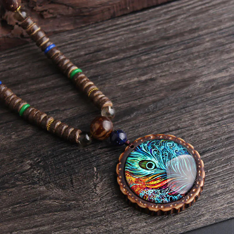 Peacock Feather Pendant, Bohemian Sweater Necklace