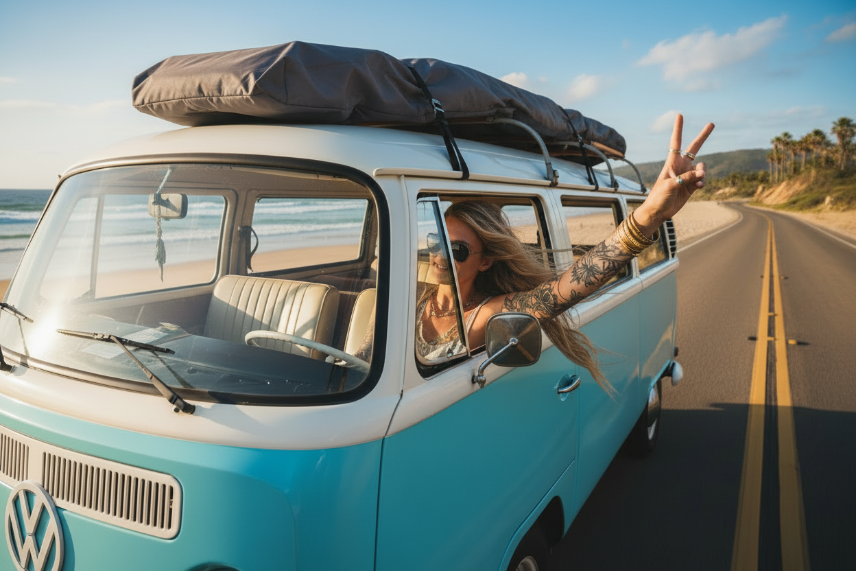 VW van with surfboard in bag