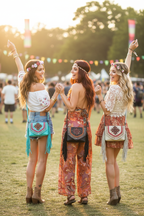 WOMAD - Three Boho Women, Three Bags, Arms Up, Facing Away