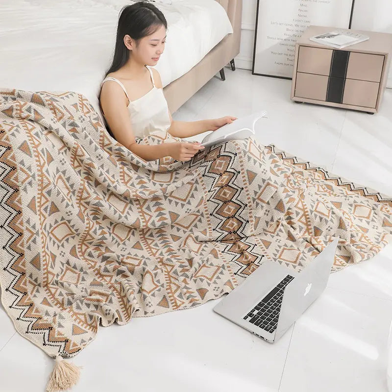 Bohemian Vintage Knitted Geometric Shawl Blanket