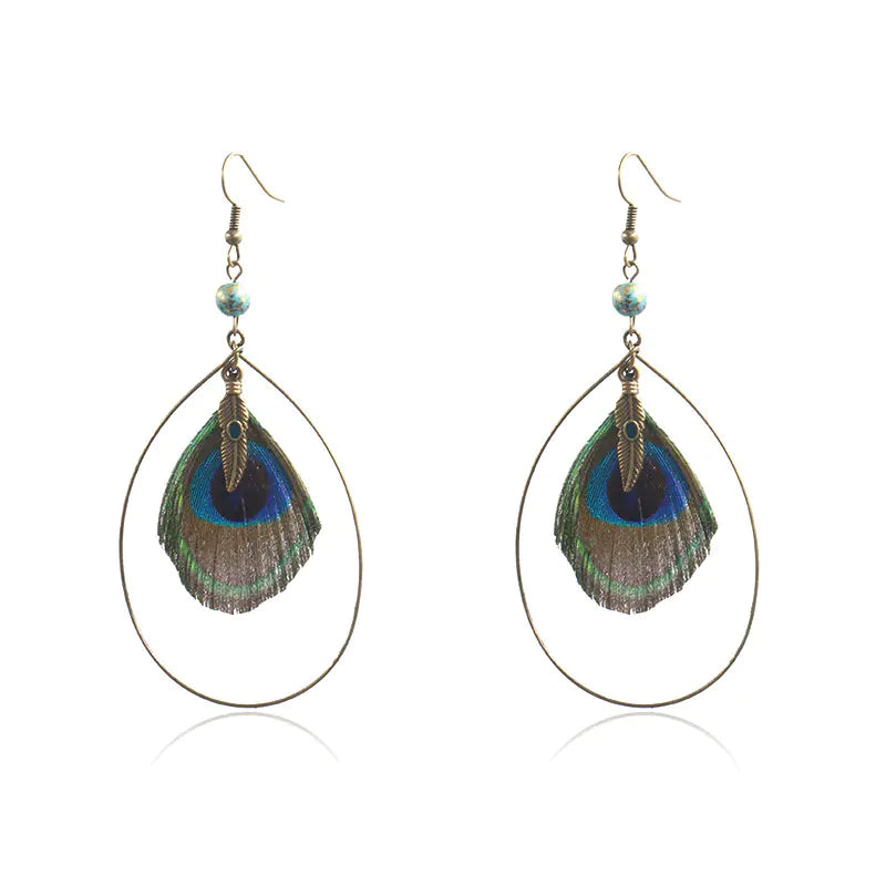 Bohemian Vintage Natural Peacock Feather Earrings